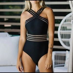 Hilor Black One Piece Front Crossover Tummy Control Slimming Swimsuit